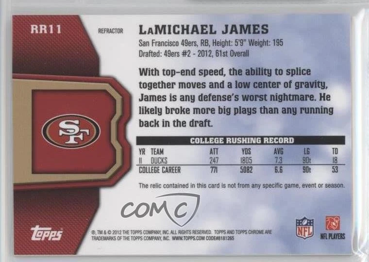 2012 Topps Chrome Rookie Relics Refractor /150 LaMichael James #RR11 RC - Image 2 of 2