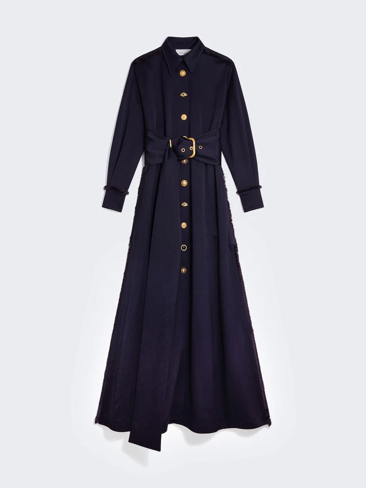 button down dress long Women's Long Sleeve Twill Below Knee Belted Shirt Dress