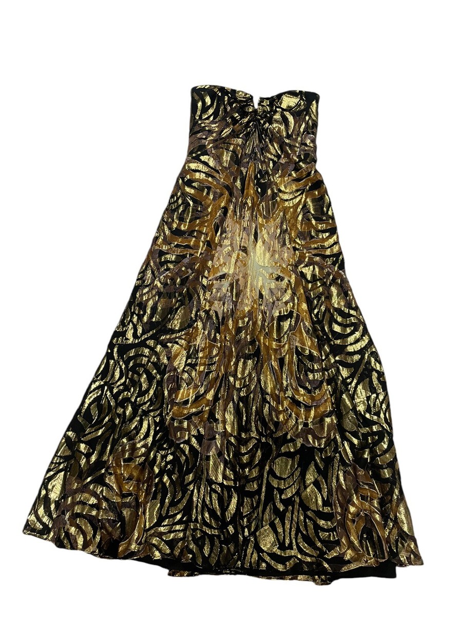 Y2K Nicole Miller Strapless Black Gold Silk Blend Maxi Boned Corset Dress  Size