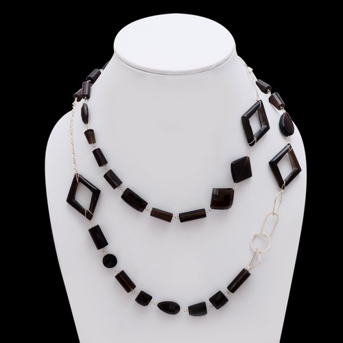 Natural Smoky Quartz 925 Sterling Silver Mix Shape Long Chain Fashion Necklace - Picture 2 of 6