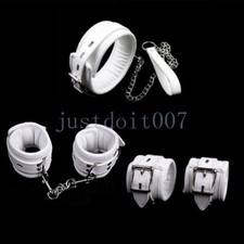 White Leather Binding Handcuffs Ankle Cuffs Restraints Neck Collar Leash Slaves