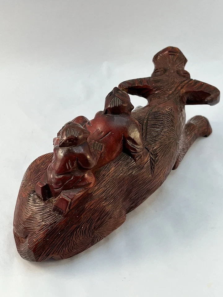 Wooden Chinese Sculpture Hand Carved Two Boys Riding Water Buffalo  Antique - Image 4 of 4