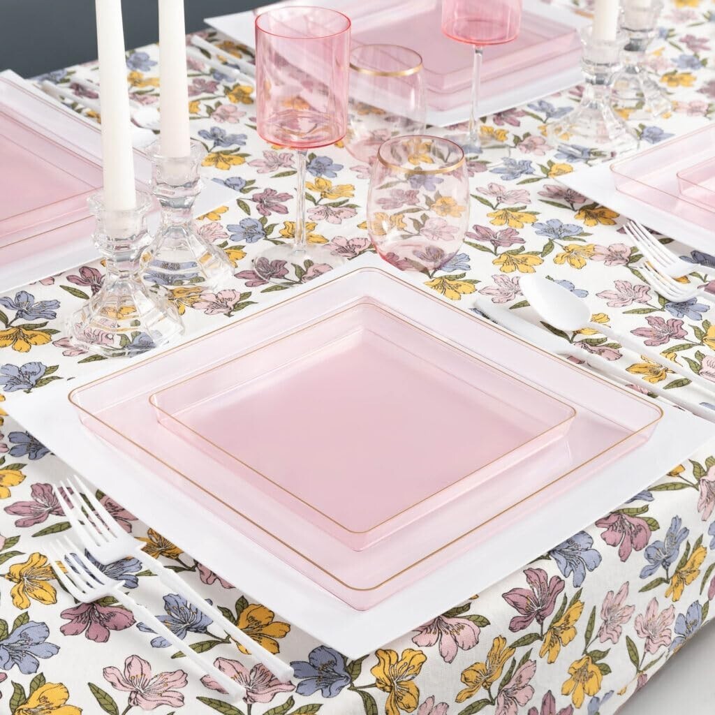 13 Square Edge Translucent Pink Disposable Plates With Gold Rim 48pcs 13-square-edge-translucent-pink-disposable-plates-with-gold-rim-48pcs