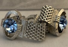 SWANK Cufflinks Silver Tone Wrap-around Mesh w/Blue Stone Vintage Signed Formal