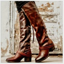 Womens crossing strappy knee high boots Retro Gladiator lace up block heel shoes