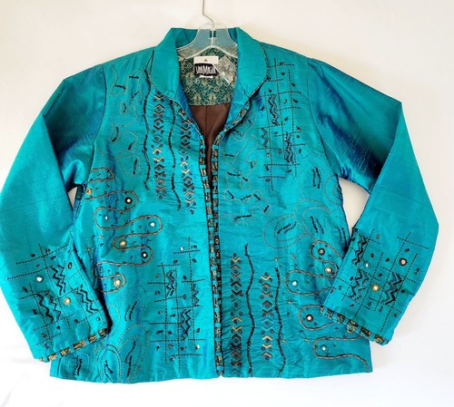 NWT Teal Blue Blazer Jacket Women's Lg 100% Silk Embroidered Beaded Nepal Made