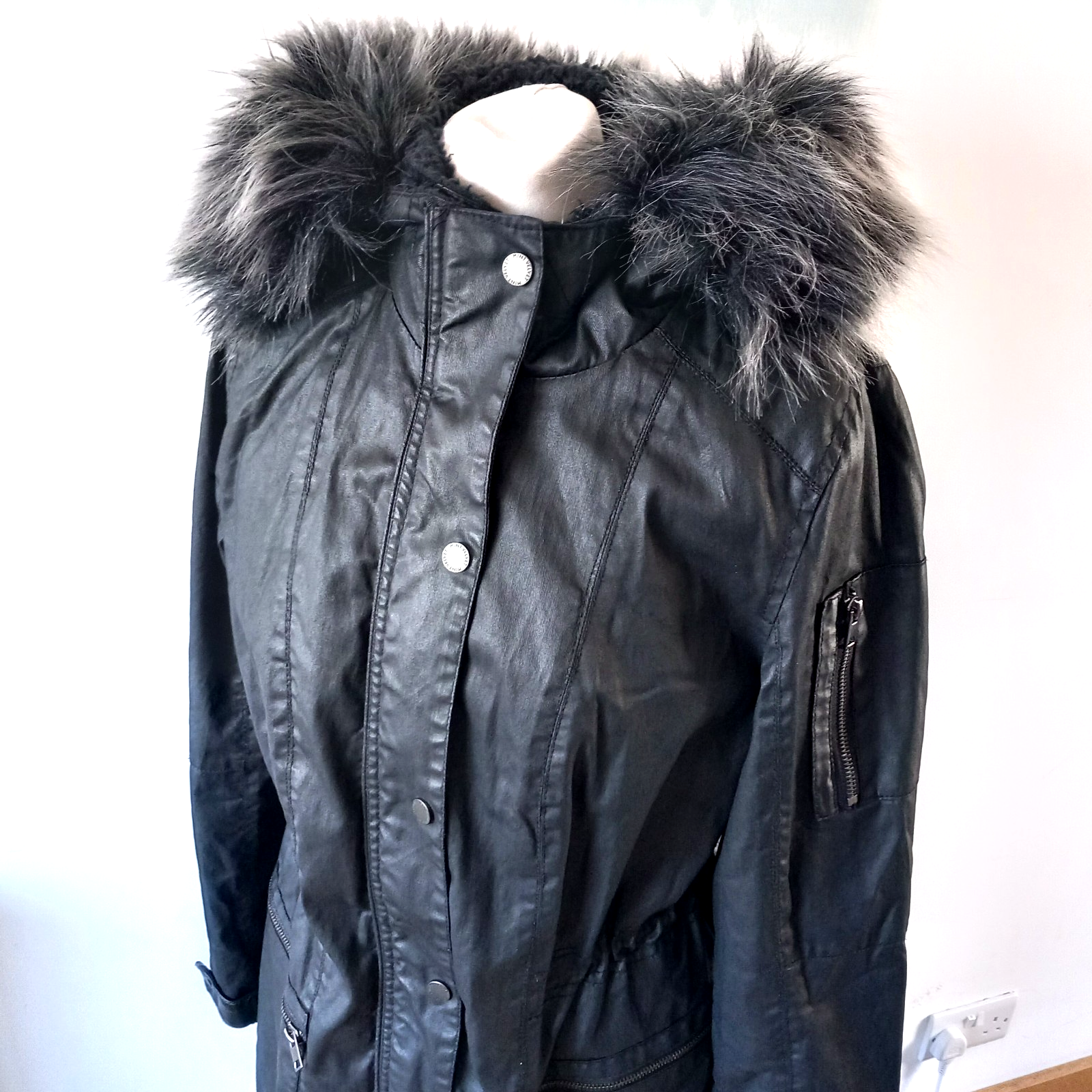 Mint Velvet Black Waxed Hooded Parka Coat with Fleece Lining and Fur Trim Size 14