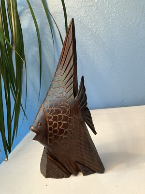 Vintage MCM Ironwood Swimming Angle Fish Carving Very Detailed w/Scales Face 8 