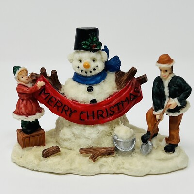 Vintage Xmas Holiday Figurine Village Father and Daughter Building Big Snowman