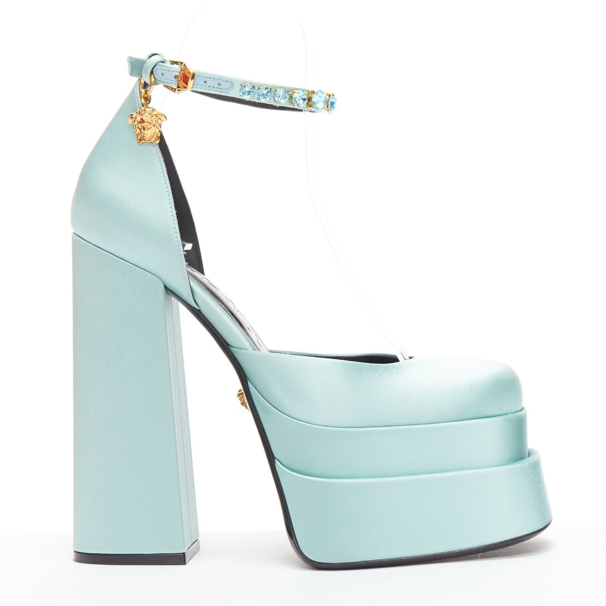 VERSACE Medusa Aevitas sky blue satin Medusa charm platform heels