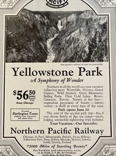 Antique 1925 Yellowstone Grand Canyon Northern Pacific Railway Train Trip Ad