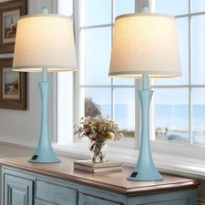 Blue Metal Table Lamp Set of 2 with USB C A Ports, Bedside Lamp, Modern Bedro...