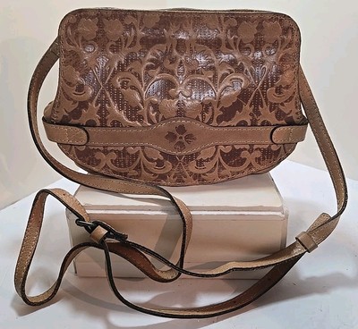 Patricia Nash Tan Brown Leather Floral Tooled Kisslock Framed Crossbody Bag 
