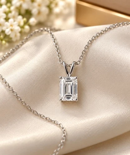 3CT Emerald Cut Lab Grown Solitaire Pendant set in 14K White Four-Prong Setting - product listing photo