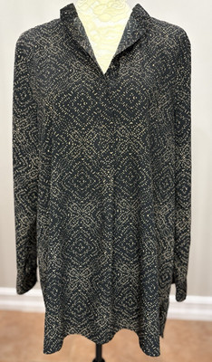 LEL Lauren Ralph Lauren Womens XL Tunic Top Black Tan Flecks Long Sleeve Popover