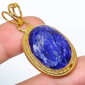 Authentic Blue Sapphire (Lab-Created) Silver Gold Plated Pendant 1.76" P7622-93