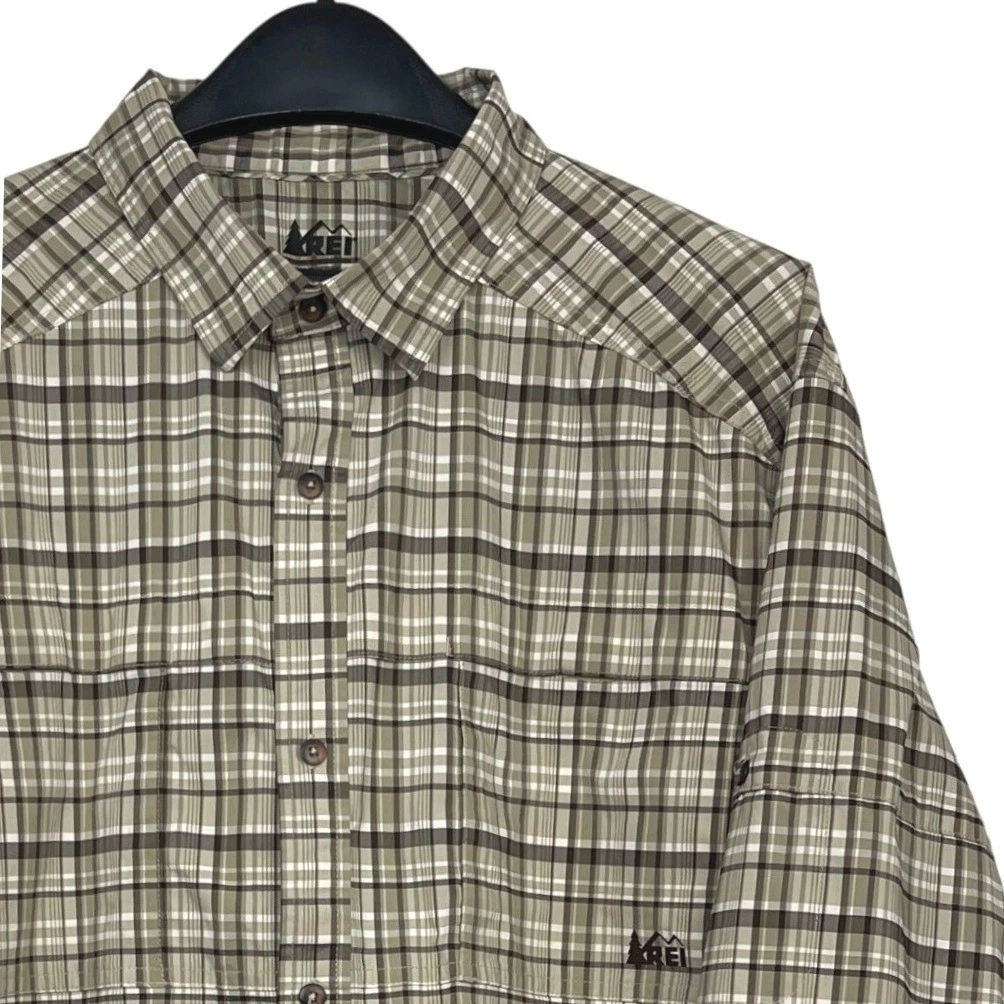 REI Sahara Mens XXL Long Sleeve Button Down Hiking Shirt Green Brown Plaid