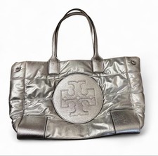 Tory Burch Metallic Silver Tote Shoulder Bag Zip Closure Inner Pockets Lined
