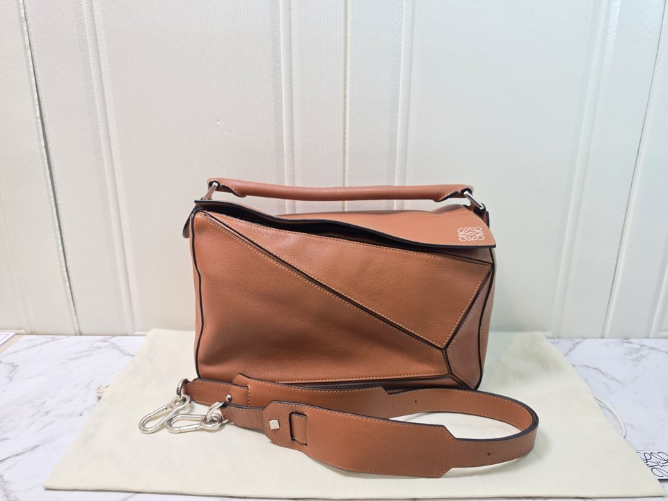 Authentic Loewe Puzzle Medium Bag Tan Calfskin Silver Hardware Bag