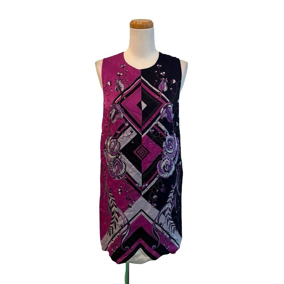 Emilio Pucci Womens Silk Shift Dress 36 Purple Black Geometric Floral Midi Zip