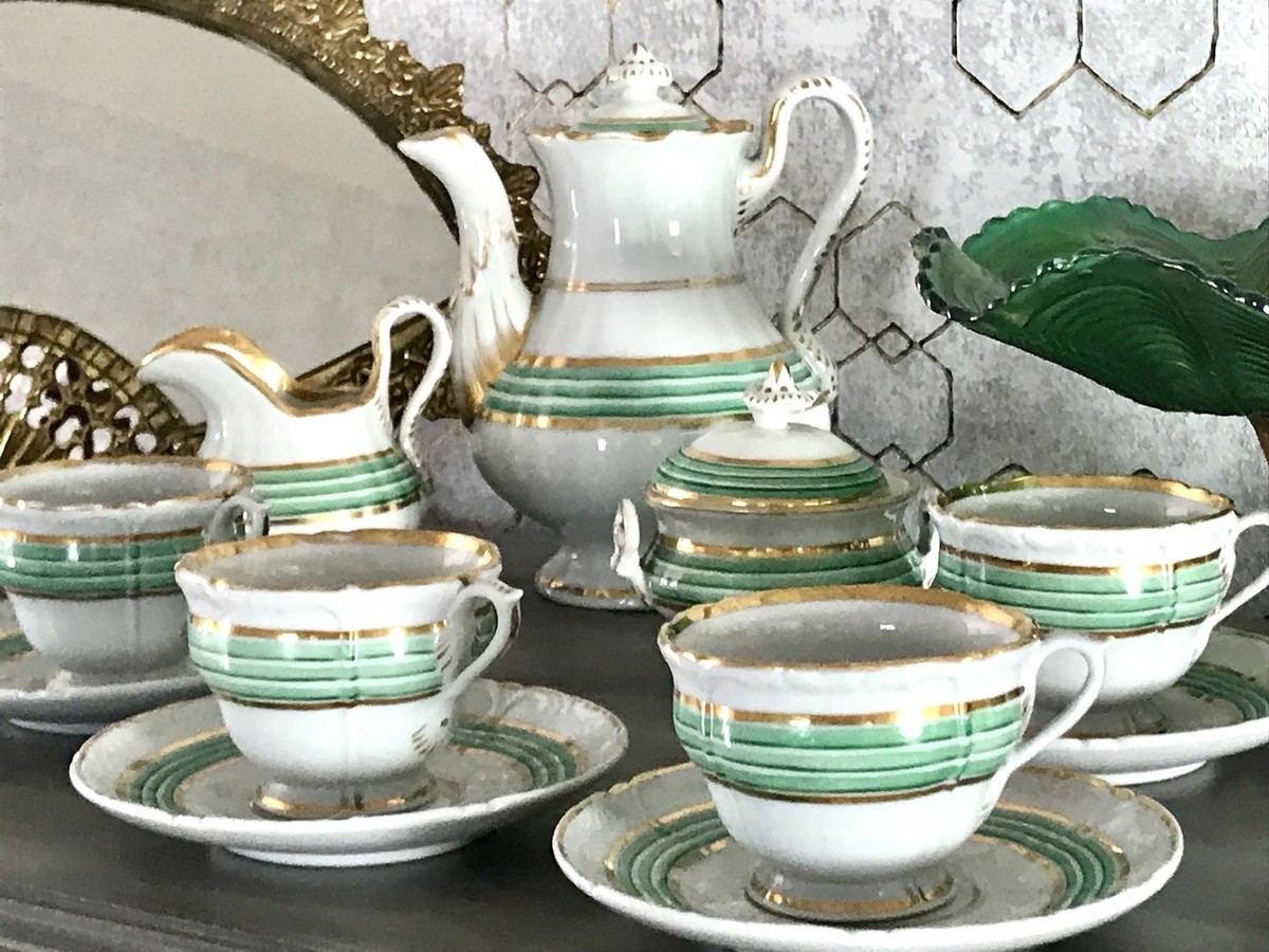 Antik Historismus Porzellan Kaffeeservice Mokkaservice weiß grün Schumann Moabit
