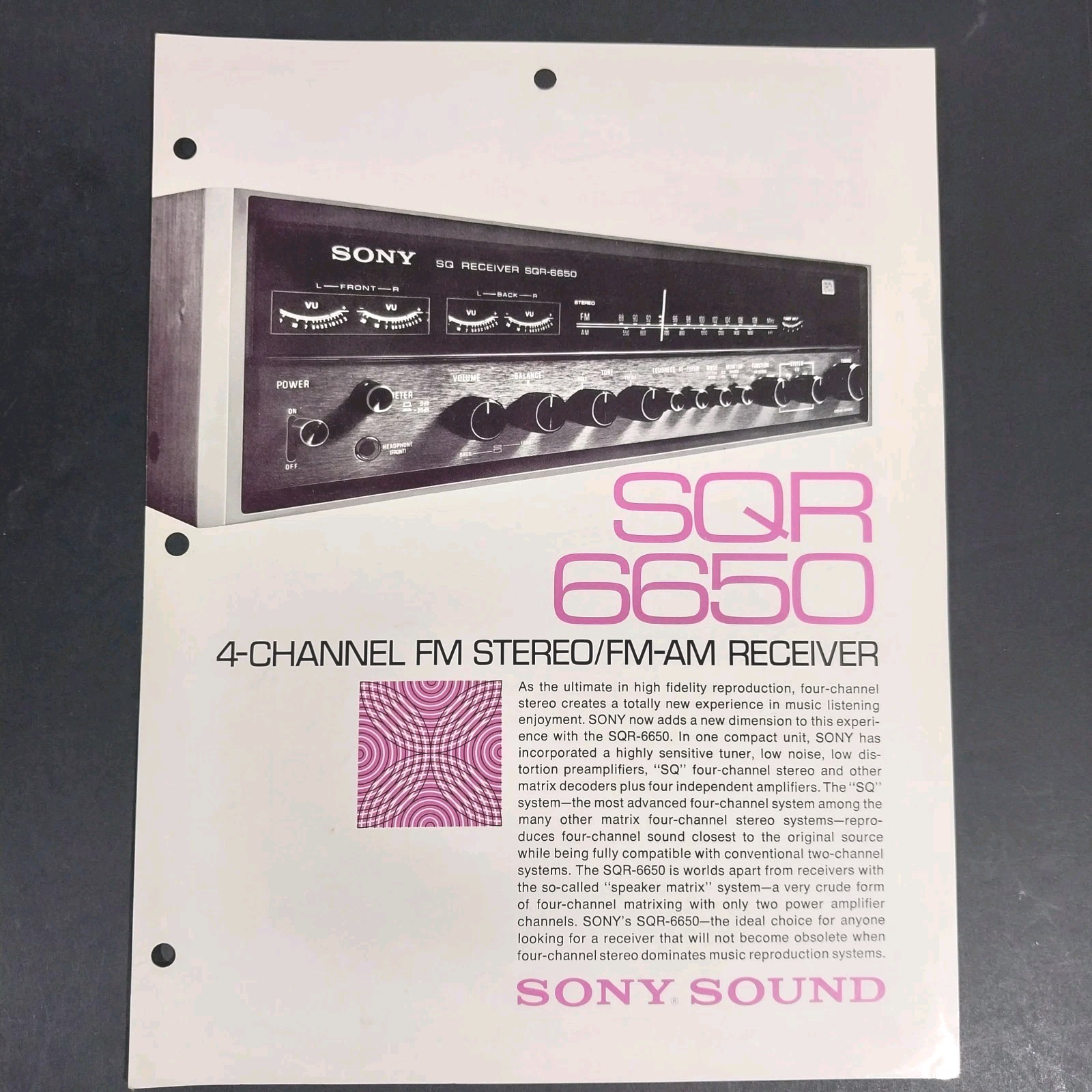 Vintage 1972 Sony SQR-6650 Quadraphonic Receiver Original Promo Spec Sheet Flyer