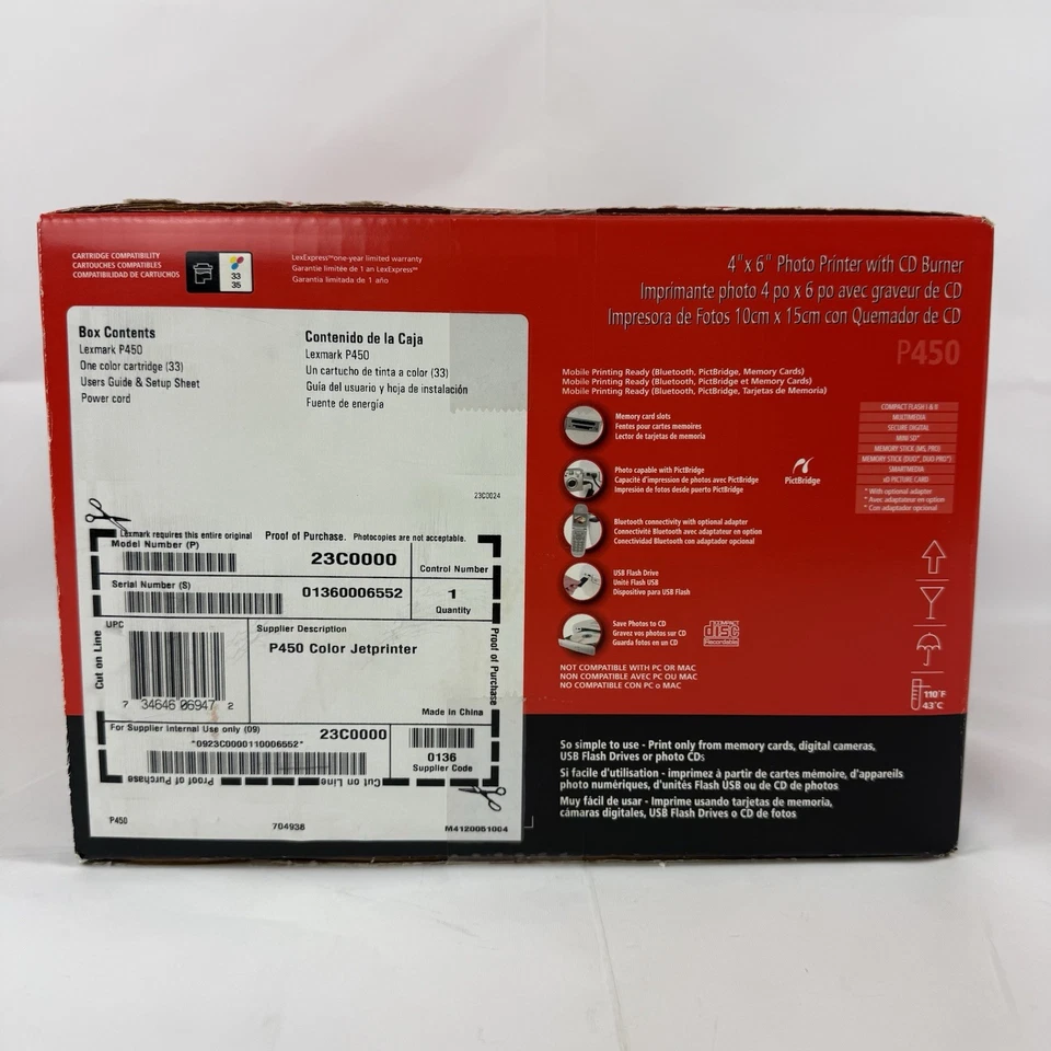 New! Lexmark P450 Digital 4x6 Photo Inkjet Printer Bluetooth CD Burner Sealed! - Image 2 of 4