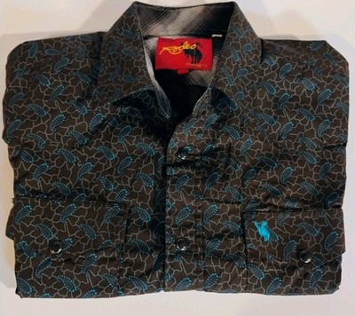 RCCO RODEO Men's SS Brown/Teal Paisley Patterned Pearl Buttons Shirt  LG