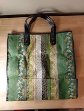 Vintage 1960s Tote Bag - Floral Vinyl And Leather Handle - 16.5x16.5x5"