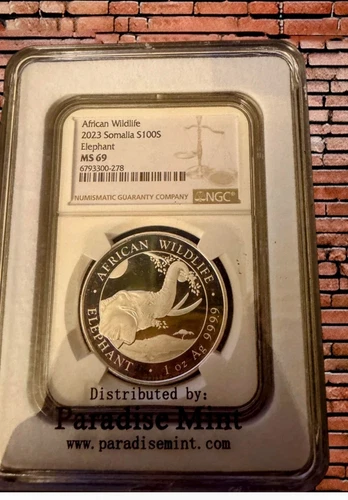 2023 Somalia African Wildlife Elephant 100s 1 oz Silver Coin ~ NGC MS 69 