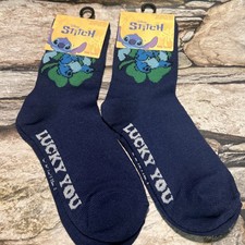 Disney Stitch 2 Pairs Novelty  Lucky You  Crew Socks Kids Size 6-12 NWT