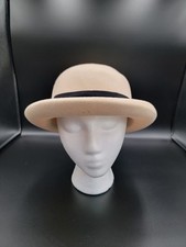 Vintage USA Made Cream Wool Felt Bowler Derby Hat Black Ribbon Classic Women's