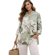Linda Allard Ellen Tracy Silk Linen Floral Tunic Shirt Coastal Chic Green Size 6