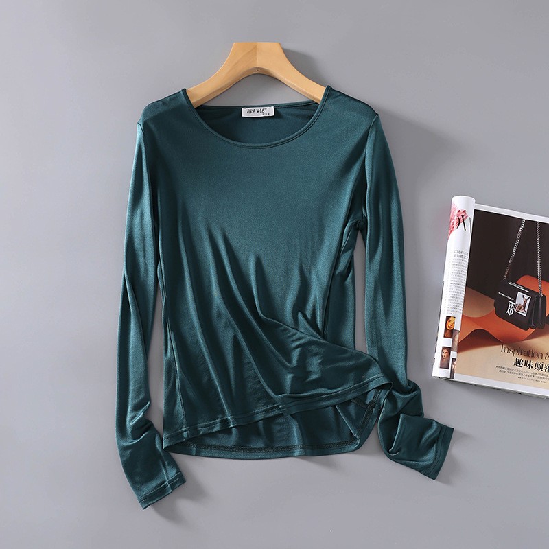 Lencería para mujer Morera seda tejida cuello redondo camiseta camiseta manga larga