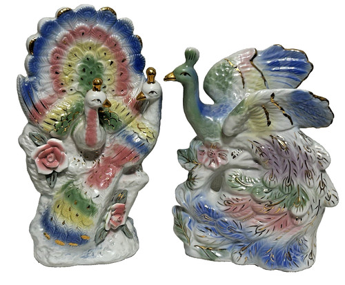 Vintage Porcelain Peacock Figurines Pair Hand Painted Gold Gilt Bird Statues 10”