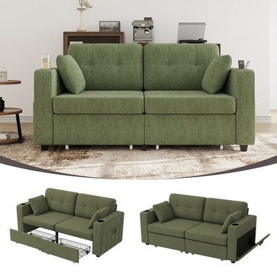 Chenille Sectional Sofa with USB Charging, Storage, and Cup Holder