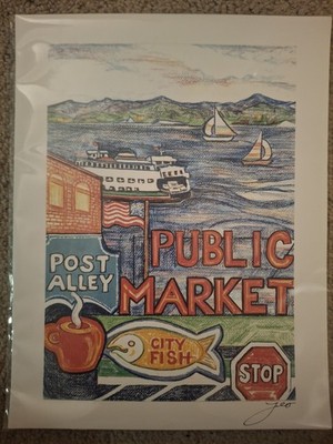 Signed Public Market Post Alley City Fish Seattle Landmark Art Print in Plastic