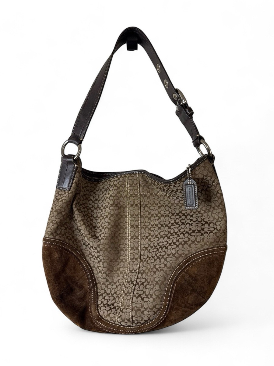 Coach SoHo Signature Hobo Shoulder Bag Purse Brown Tan Suede