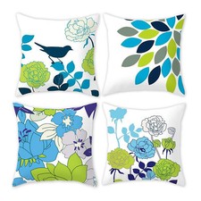 Set of 4 Pillow Covers 18x18, Flower and Bird Style Cotton Linen Fabric