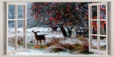 Winter Meal Deer Snowy Apple Tree 3D Effect Window Canvas Picture Wall Prints