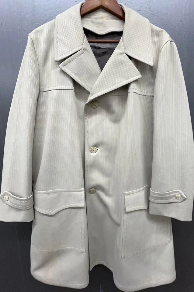 Silver Cloud Trench Over Coat Men 42L Beige Raschel Knit Belt Pockets Lined - Image 2 of 4