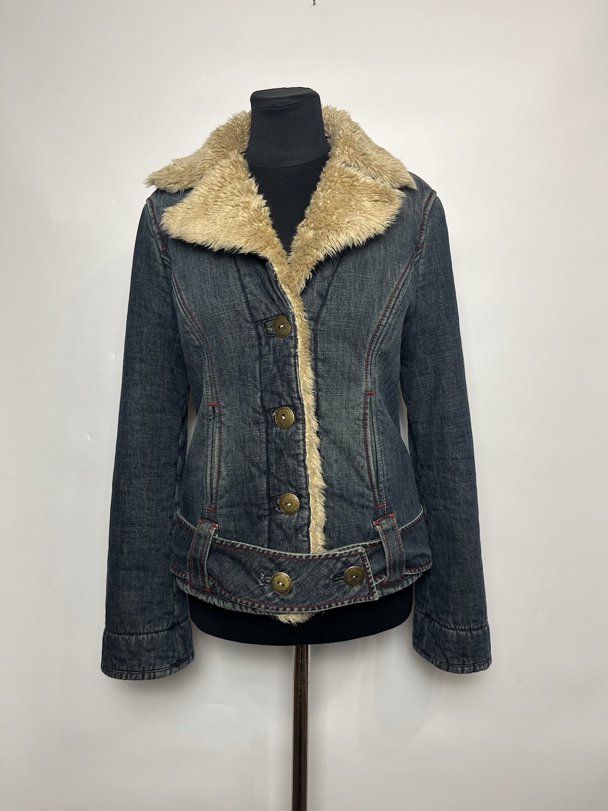 Y2K Miss Sixty Denim Jacket Size S Belted Faux Fur Lined Crop Made In Italy