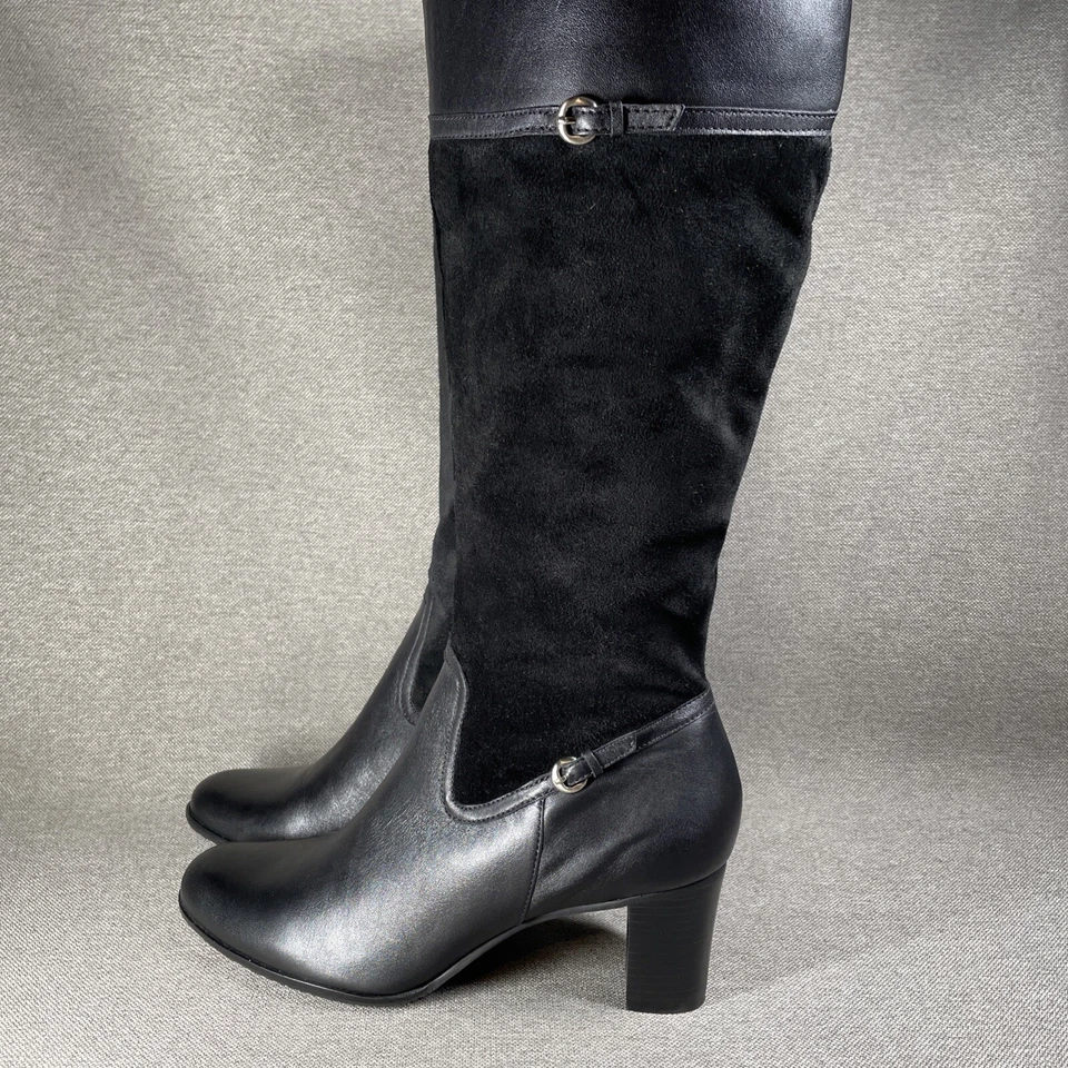 Talbots Tall Boots 6.5B Black Leather & Suede 2.5 Inch Heel Tiny Buckle Accent - Image 3 of 4