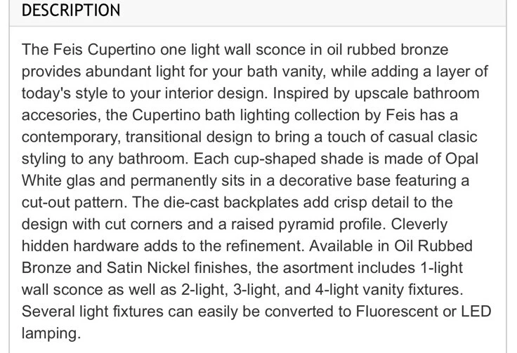 Aplique de pared de baño Feiss Cupertino VS20301ORB de una luz, bronce frotado con aceite Foto 2 de 4