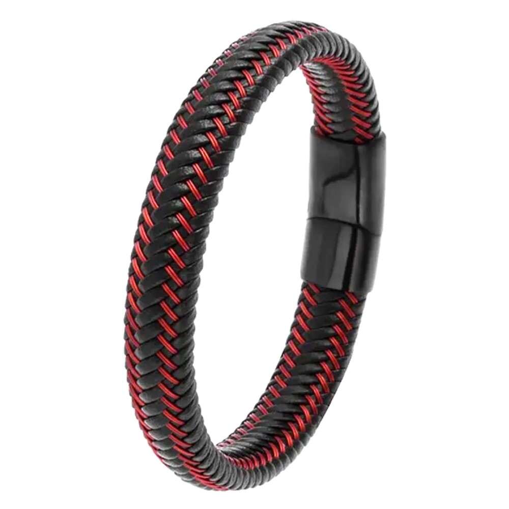 Zense - Bracciale uomo pelle intrecciata nera e rossa chiusura magnetica ZB0394