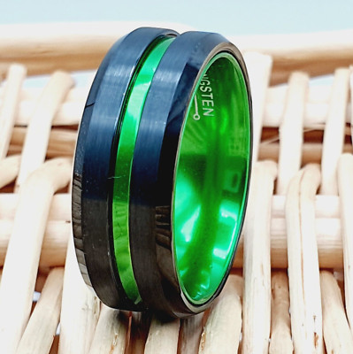 Black & Green Tungsten Promise Ring Stylish Design Wedding Band for Him & Her