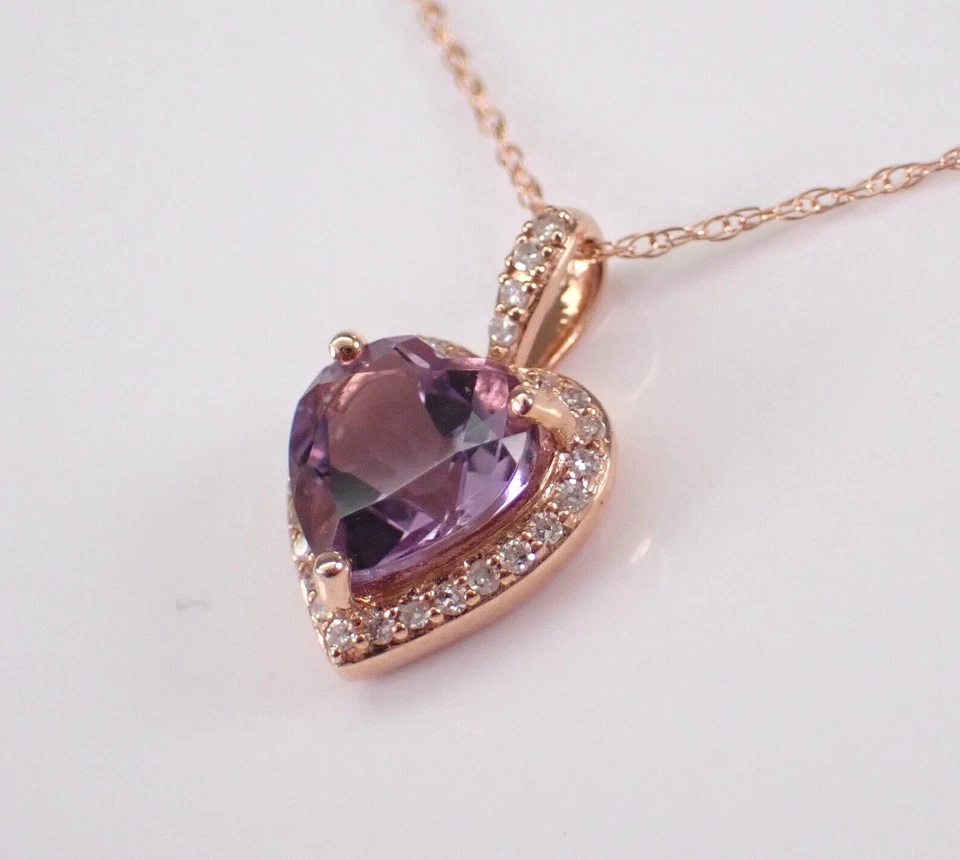 2Ct Heart Cut Lab-Created Amethyst Halo Pendant 14K Rose Gold Plated Free Chain - Image 3 of 4