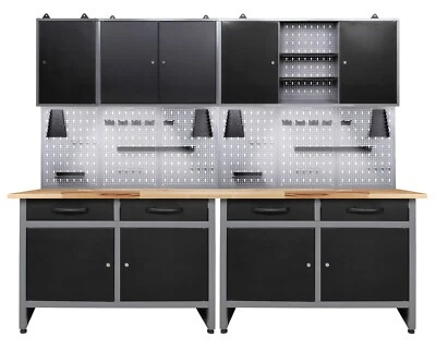 Ondis24 Werkstatt Set 240cm Werkbank Metall 3x Werkzeugschrank Lochwandhaken LED