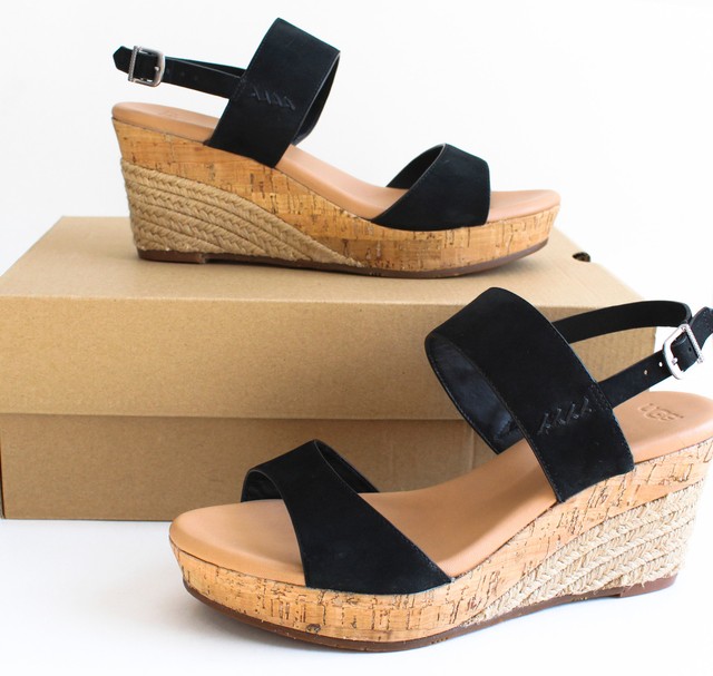 UGG Elena Black Womens Platform Wedge Suede Cork Sandal 1015098 Size US 9.5 for sale online | eBay