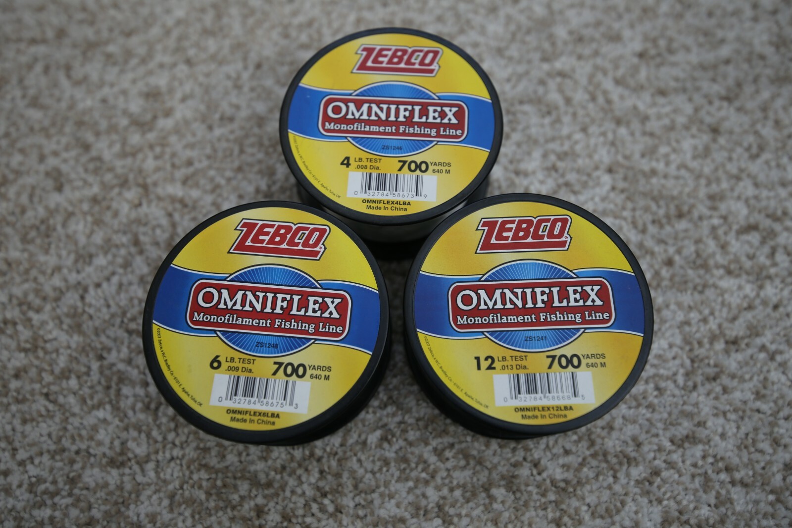 Lot of 3 Zebco Omniflex Monofilament Fishing Line, 4, 6 & 12 lb Pound